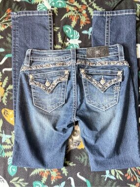 Miss Me Mid-Rise Straight Leg Jeans Embellished Flap Pocket Medium Wash Size 26